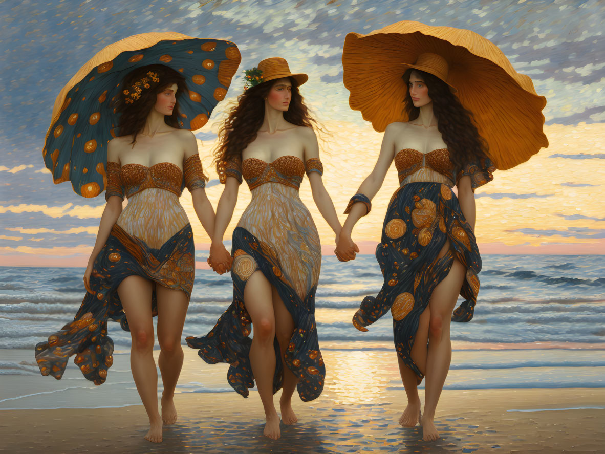 Three Women in Flowing Dresses and Large Hats Walking on Beach at Sunset