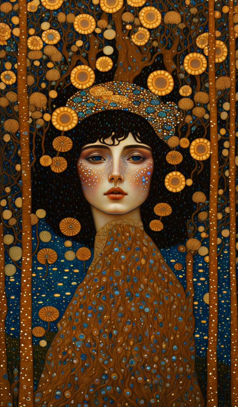 Female figure in starry robe among gold trees - Klimt style