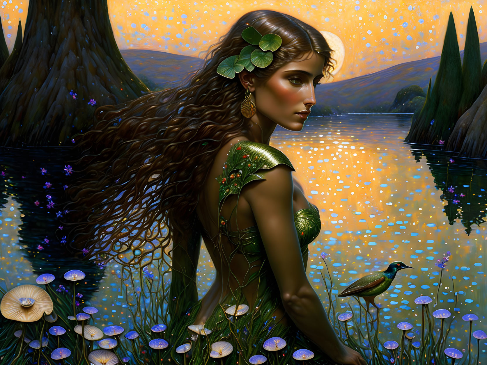 Illustrated woman with long brown hair by tranquil lake at dusk