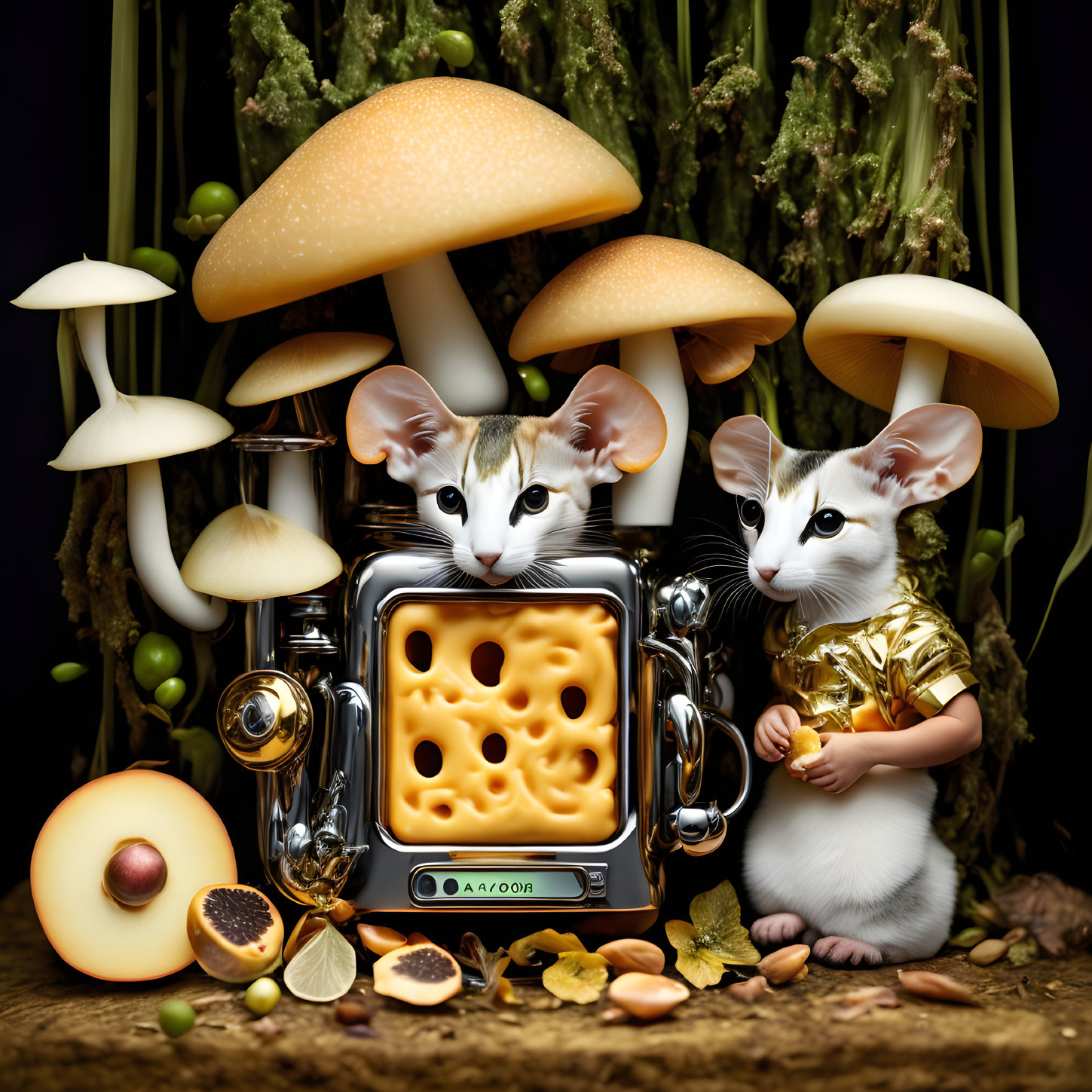 Illustration of two mice with human-like traits using magical toaster among oversized nature elements