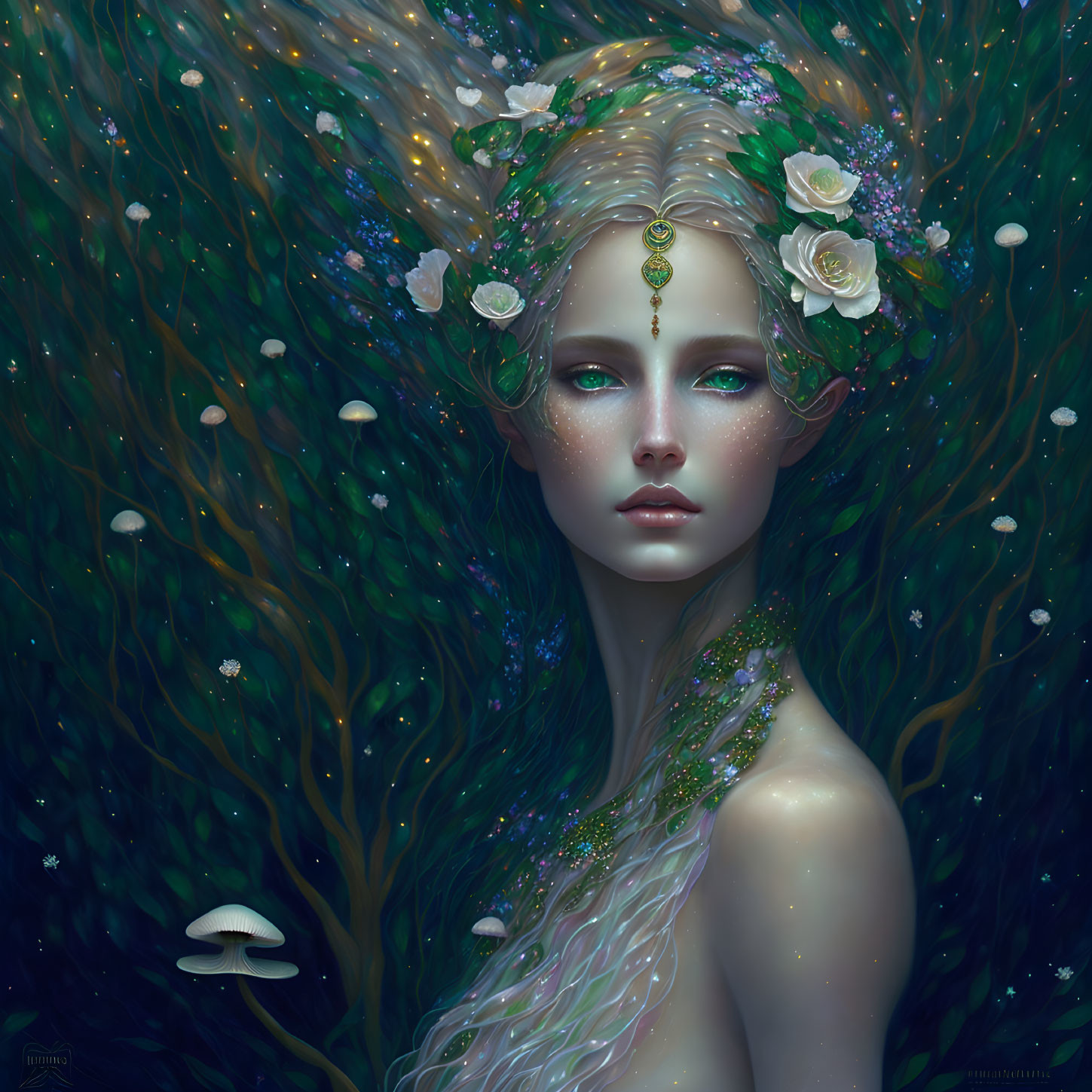 Mystical female figure with green eyes in enchanted forest scene