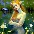 Fantasy illustration of female figure with elfin features in serene pond surrounded by lush greenery and blo