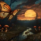 Colorful digital artwork: Large butterfly, smaller ones, red-capped mushrooms, lush flora, surreal