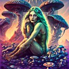 Fantasy illustration: Woman with green hair among giant mushrooms in twilight