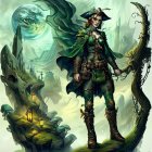 Steampunk adventurer in green attire among sea life and mechanical elements