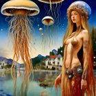 Surrealistic scene: Woman in vibrant garment under sky with floating jellyfish-like structures