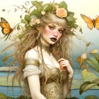 Fantastical woman with floral hair by serene pond