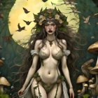 Fantasy illustration of woman in floral crown in mystical forest