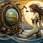 Surreal illustration: Woman merging with seascape, hair flowing like waves, holding mirror reflecting underwater