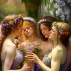 Four women with floral crowns in a blooming garden