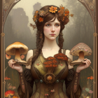 Illustration of woman in floral attire with mushrooms in ornate frame