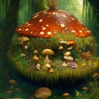 Illustration of a red-capped mushroom house in lush vegetation