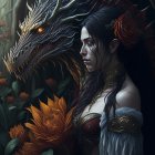 Serene woman and mystical dragon in dark floral setting