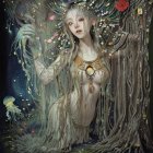 Surreal portrait of woman with ornate mask and cosmic, aquatic motifs