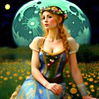 Woman in floral crown and blue dress in field under whimsical moonlit sky