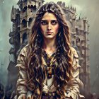 Digital art portrait of woman with wavy hair, cat, intricate clothing, fantasy castle backdrop.