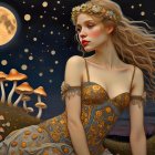 Fantasy-style portrait of woman with flowing hair, dress, mushrooms, starry sky, full moon