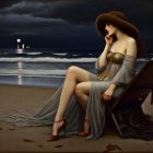 Illustration of woman in glittering dress on moonlit beach boat