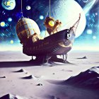 Futuristic ship with golden domes above icy alien landscape