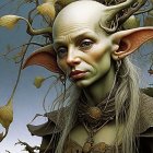 Fantasy portrait of female elf with pointed ears and white headscarf in lush greenery