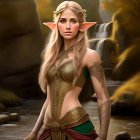 Elven character with pointy ears, crown, and golden armor in forest creek