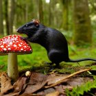 Black squirrel investigating red mushroom with white spots in lush forest