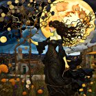 Woman with flowing hair in night sky with moons, stars, butterflies, mushrooms, and florals