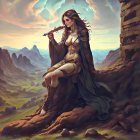 Fantasy artwork of warrior woman in ornate armor with castle ruins.