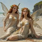 Ethereal female figures with delicate wings and flower crowns on a beach