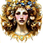 Elaborate golden headdress with blue flowers on woman portrait