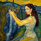 Woman with Red Hair in White Dress Pouring Water in Van Gogh-style Swirls