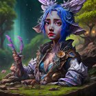 Blue-haired elf in purple armor with matching creature in lush forest