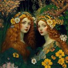 Stylized women with flowing hair in nature setting surrounded by trees and flowers