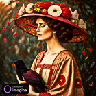 Vintage Woman Painting with Red Roses and Bird in Black and White