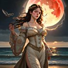 Woman in flowing dress on beach at twilight with red moon and seagulls.