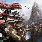 Fantasy landscape with moss-covered cottages, blooming trees, waterfalls, and stone steps under