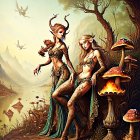 Fantasy illustration of humanoid creatures in ornate armor by serene pond