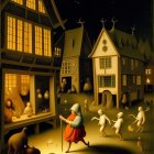 Medieval marketplace at night with lit shops and townspeople