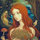 Illustration of woman with red hair in nature scene