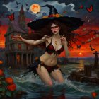 Fantasy artwork of woman with umbrella and staff in stormy sea setting