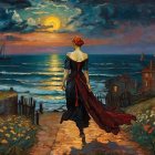 Woman in vintage clothing on beach at sunset with boats and vibrant sky