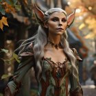 Ethereal white-haired elf in golden armor in autumn forest