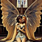 Intricately detailed golden-winged angels embrace in gothic setting