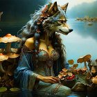 Fantastical image: Wolf-headed woman by tranquil pond