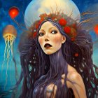 Fantastical portrait of a woman with long hair and flowers under a moonlit sky.