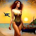 Stylized painting of woman in gold bodice by sea, bird in flight, sailboat at