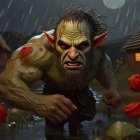 Fantasy illustration: Pensive orc with red eyes in floral landscape.