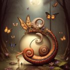 Golden egg with butterflies in magical forest scene.