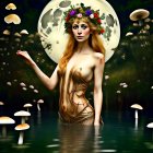 Woman with floral crown in water surrounded by glowing mushrooms and full moon.