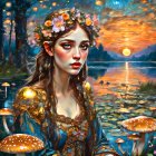 Woman in floral crown in stylized forest with shimmering water & glowing mushrooms